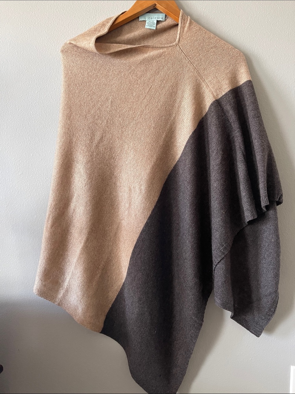 Lana Wool Celeste Two-Tone Tan and Dark Brown Knit Poncho quiet luxury